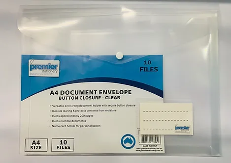 Premier A4 Document Envelope Button Closure Clear   Buy in Multiples of 10 