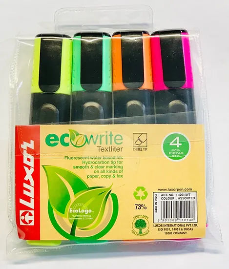 Luxor Highlighters Assorted Colours made using 73 postconsumer recycled materialsWallet 4 assorted colours   Buy in Multiples of 12 wallets 
