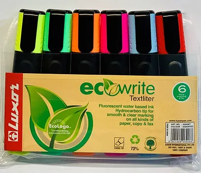Luxor Highlighters Assorted Colours  made using 73 postconsumer recycled materialsWallet 6 assorted colours   Buy in Multiples of 12 wallets 
